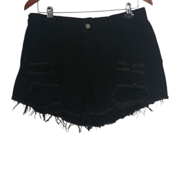 Black Distressed Mid-Rise Denim Cutoff Shorts Size Large Plus - Picture 1 of 4